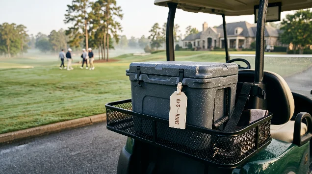 Iced cooler tagged SMITH — 9:40 in the basket of a golf cart