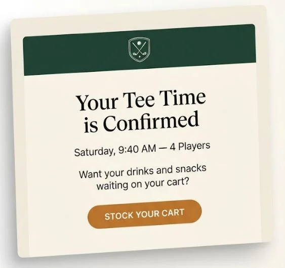 Booking confirmation email with a "Stock your cart" call to action