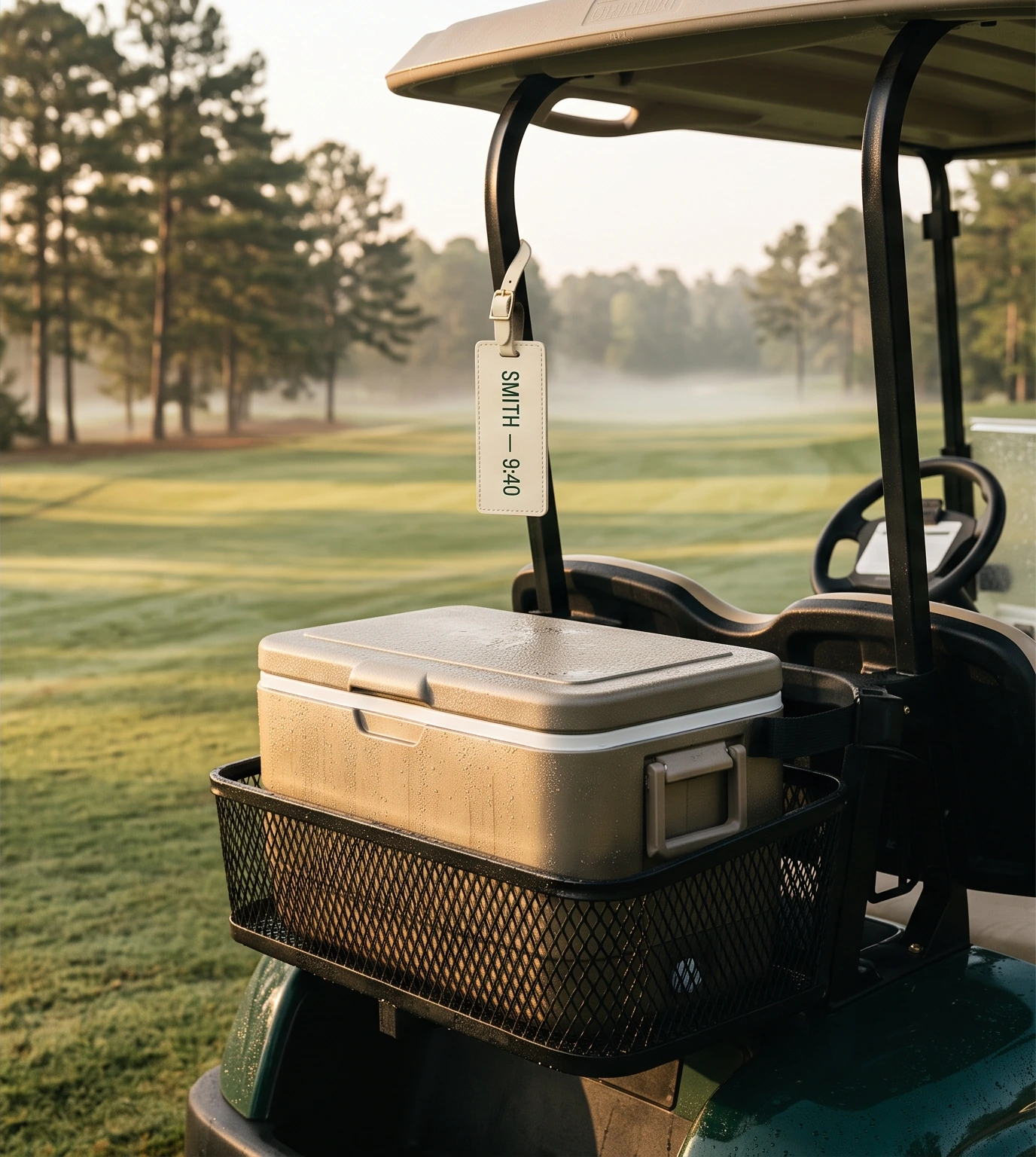 A stocked cooler strapped to a golf cart at first light, name tag reading SMITH — 9:40